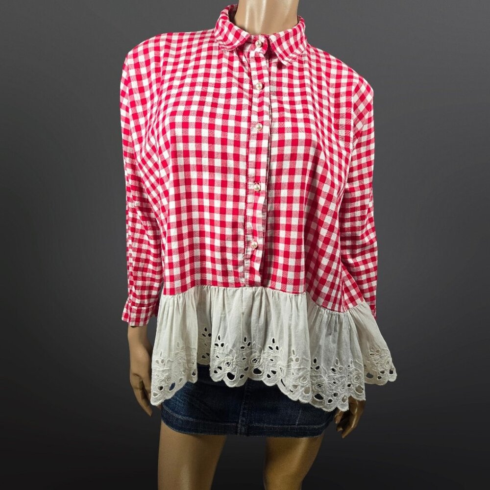 Vintage Red Gingham Lace Ruffled Blouse One Size Trapeze Swing Top Cottagecore